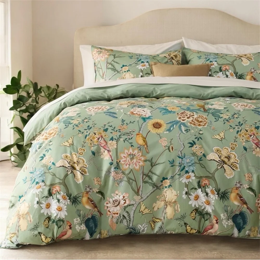 NEW Anthro Green Floral Bird Boho Cotton Queen King Size Bedding Duvet Sham Set